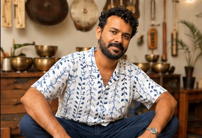 Arjun Arora, founder of Sarveda, seated among sound instruments